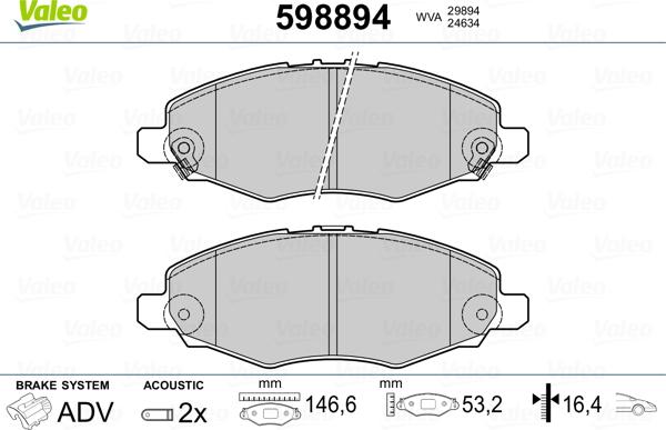 Valeo 598894 - Гальмівні колодки, дискові гальма autocars.com.ua