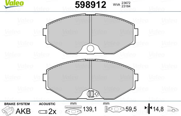 Valeo 598912 - Тормозные колодки, дисковые, комплект avtokuzovplus.com.ua