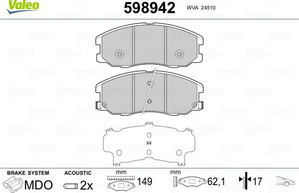 Valeo 598942 - Тормозные колодки, дисковые, комплект autodnr.net