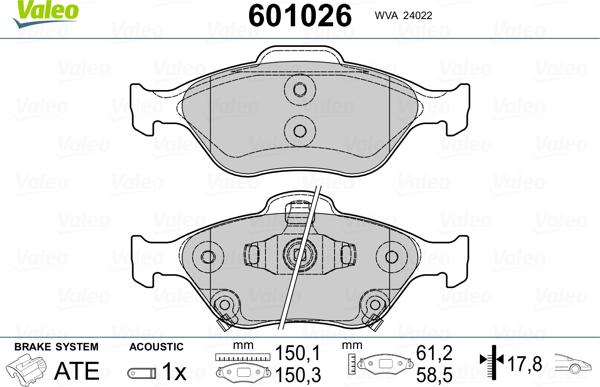 Valeo 601026 - Гальмівні колодки, дискові гальма autocars.com.ua