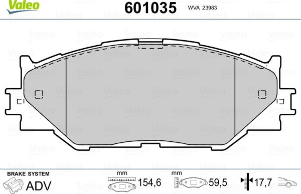 Valeo 601035 - Гальмівні колодки, дискові гальма autocars.com.ua