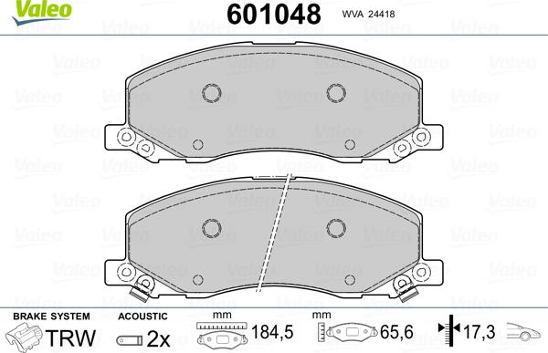 Valeo 601048 - Гальмівні колодки, дискові гальма autocars.com.ua