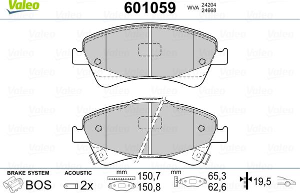 Valeo 601059 - Гальмівні колодки, дискові гальма autocars.com.ua