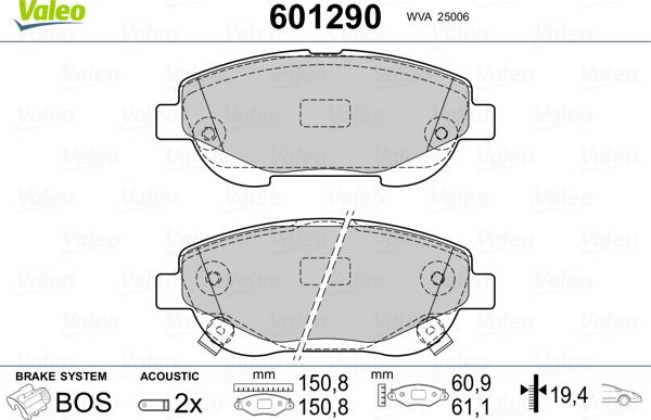 Valeo 601290 - Гальмівні колодки, дискові гальма autocars.com.ua