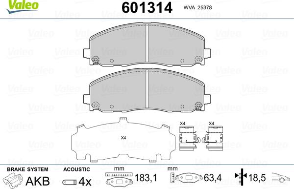 Valeo 601314 - Тормозные колодки, дисковые, комплект avtokuzovplus.com.ua