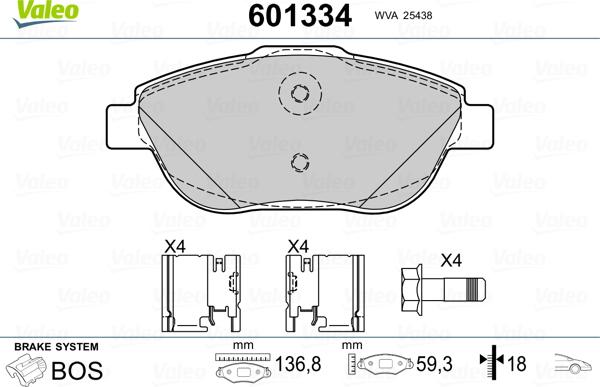 Valeo 601334 - Гальмівні колодки, дискові гальма autocars.com.ua