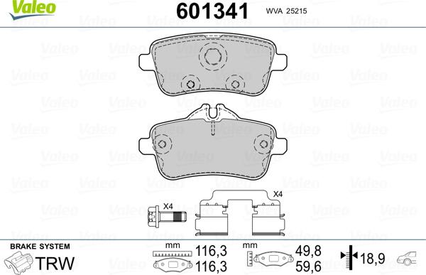 Valeo 601341 - Тормозные колодки, дисковые, комплект avtokuzovplus.com.ua