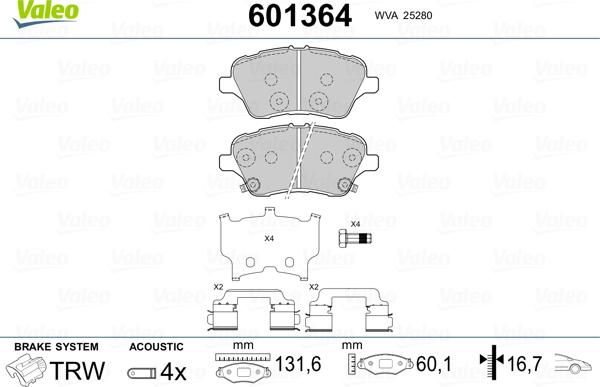 Valeo 601364 - Тормозные колодки, дисковые, комплект avtokuzovplus.com.ua