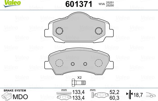 Valeo 601371 - Гальмівні колодки, дискові гальма autocars.com.ua