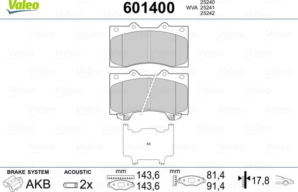 Valeo 601400 - Гальмівні колодки, дискові гальма autocars.com.ua