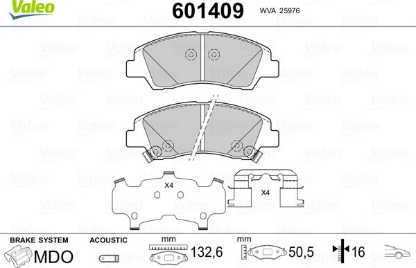 Valeo 601409 - Тормозные колодки, дисковые, комплект avtokuzovplus.com.ua