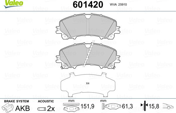 Valeo 601420 - Тормозные колодки, дисковые, комплект avtokuzovplus.com.ua