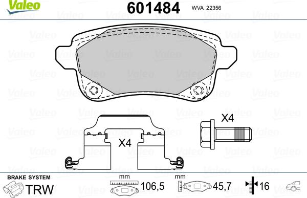 Valeo 601484 - Тормозные колодки, дисковые, комплект avtokuzovplus.com.ua