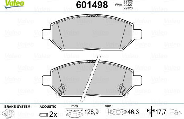 Valeo 601498 - Гальмівні колодки, дискові гальма autocars.com.ua