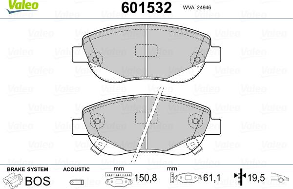 Valeo 601532 - Гальмівні колодки, дискові гальма autocars.com.ua