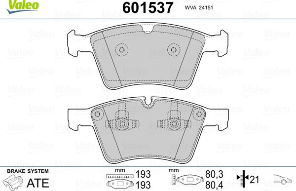 Valeo 601537 - Тормозные колодки, дисковые, комплект avtokuzovplus.com.ua