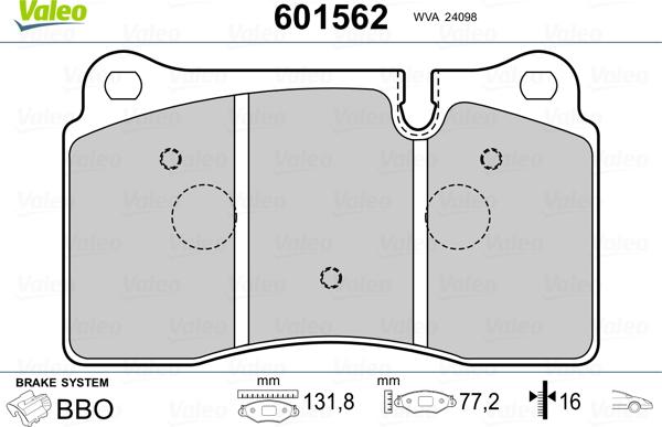 Valeo 601562 - Тормозные колодки, дисковые, комплект avtokuzovplus.com.ua