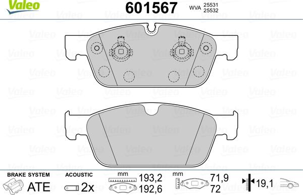 Valeo 601567 - Гальмівні колодки, дискові гальма autocars.com.ua