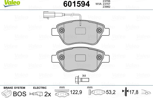 Valeo 601594 - Тормозные колодки, дисковые, комплект avtokuzovplus.com.ua