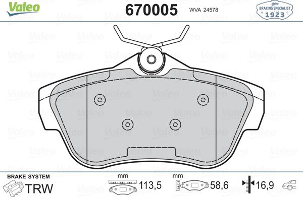 Valeo 670005 - Гальмівні колодки, дискові гальма autocars.com.ua