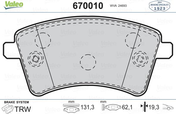 Valeo 670010 - Тормозные колодки, дисковые, комплект autodnr.net