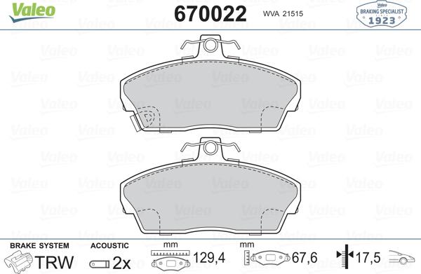 Valeo 670022 - Гальмівні колодки, дискові гальма autocars.com.ua