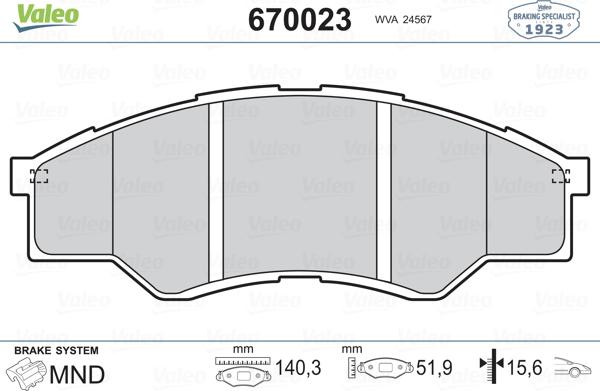 Valeo 670023 - Гальмівні колодки, дискові гальма autocars.com.ua