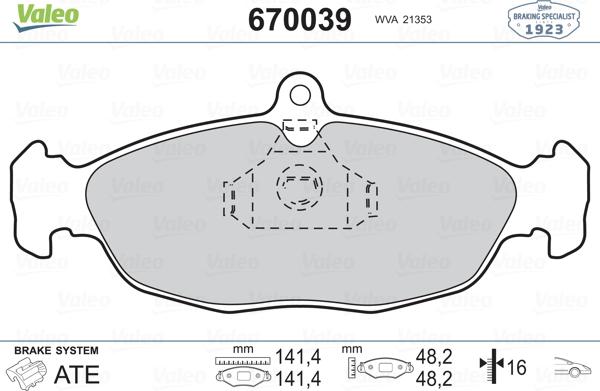 Valeo 670039 - Тормозные колодки, дисковые, комплект avtokuzovplus.com.ua