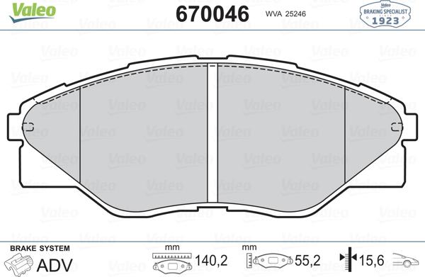 Valeo 670046 - Гальмівні колодки, дискові гальма autocars.com.ua