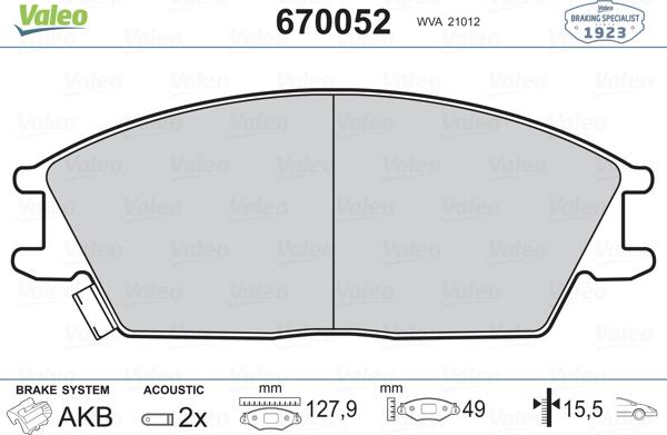 Valeo 670052 - Гальмівні колодки, дискові гальма autocars.com.ua