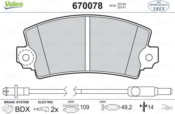 Valeo 670078 - Гальмівні колодки, дискові гальма autocars.com.ua