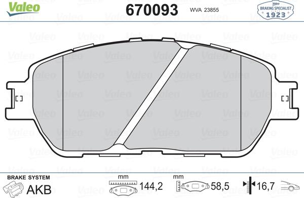 Valeo 670093 - Гальмівні колодки, дискові гальма autocars.com.ua