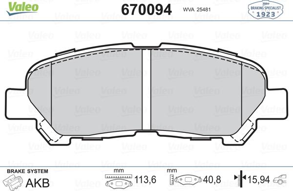 Valeo 670094 - Гальмівні колодки, дискові гальма autocars.com.ua