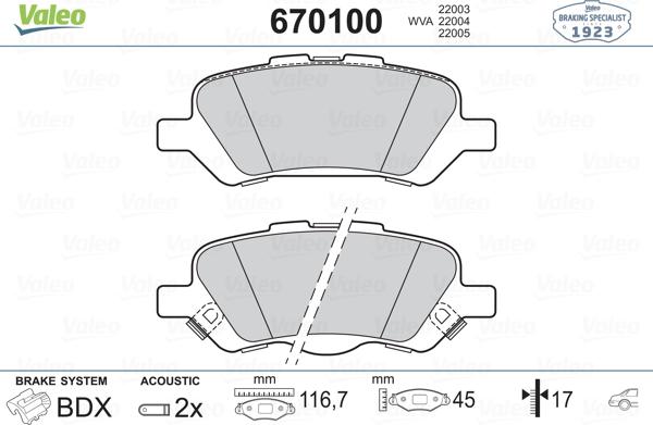 Valeo 670100 - Гальмівні колодки, дискові гальма autocars.com.ua