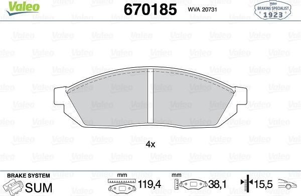 Valeo 670185 - Тормозные колодки, дисковые, комплект autodnr.net