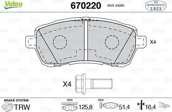 Valeo 670220 - Гальмівні колодки, дискові гальма autocars.com.ua