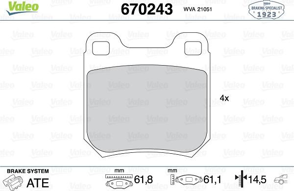 Valeo 670243 - Тормозные колодки, дисковые, комплект avtokuzovplus.com.ua