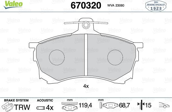 Valeo 670320 - Гальмівні колодки, дискові гальма autocars.com.ua