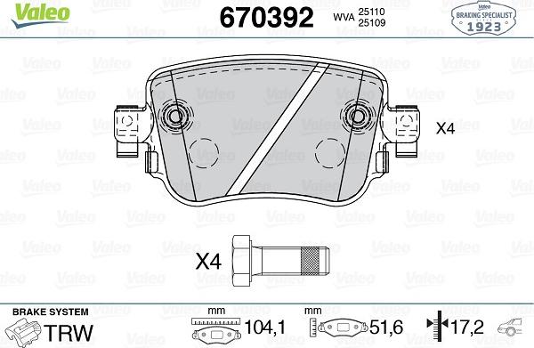 Valeo 670392 - Тормозные колодки, дисковые, комплект avtokuzovplus.com.ua