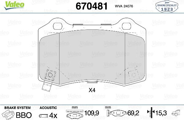 VALEO 670481 - Гальмівні колодки, дискові гальма autocars.com.ua
