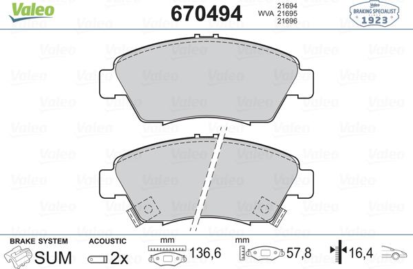 Valeo 670494 - Тормозные колодки, дисковые, комплект avtokuzovplus.com.ua