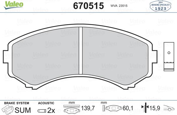 Valeo 670515 - Гальмівні колодки, дискові гальма autocars.com.ua