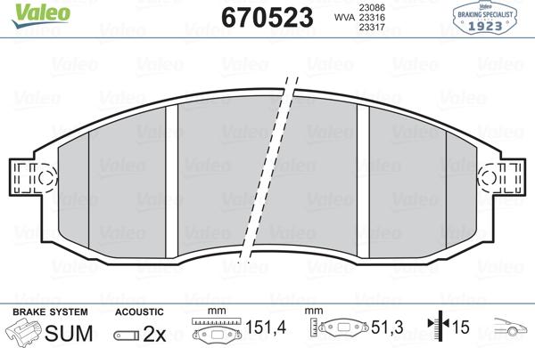 Valeo 670523 - Гальмівні колодки, дискові гальма autocars.com.ua