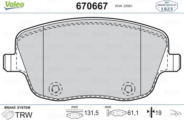 Valeo 670667 - Гальмівні колодки, дискові гальма autocars.com.ua