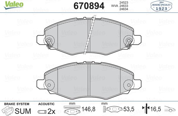 Valeo 670894 - Гальмівні колодки, дискові гальма autocars.com.ua