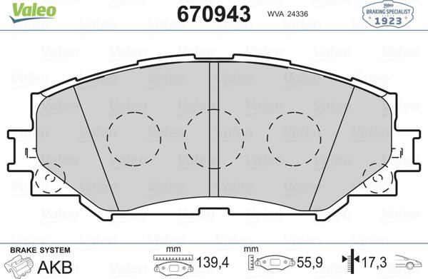 Valeo 670943 - Гальмівні колодки, дискові гальма autocars.com.ua