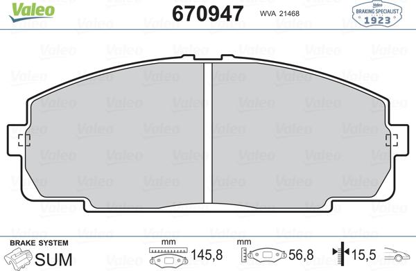 Valeo 670947 - Гальмівні колодки, дискові гальма autocars.com.ua