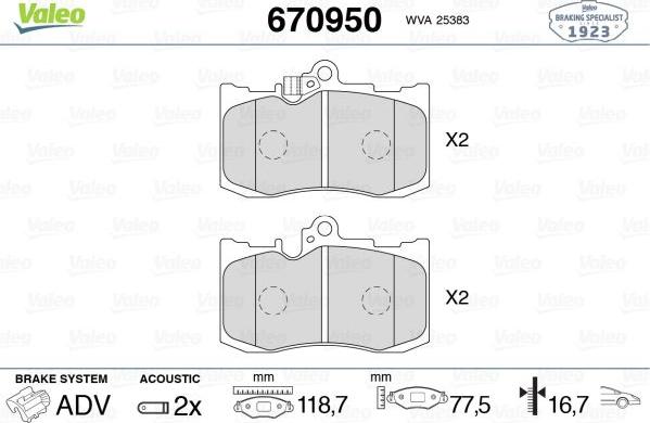 Valeo 670950 - Тормозные колодки, дисковые, комплект autodnr.net