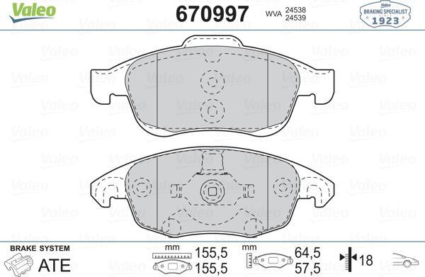 Valeo 670997 - Гальмівні колодки, дискові гальма autocars.com.ua