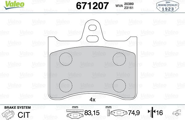 Valeo 671207 - Тормозные колодки, дисковые, комплект avtokuzovplus.com.ua